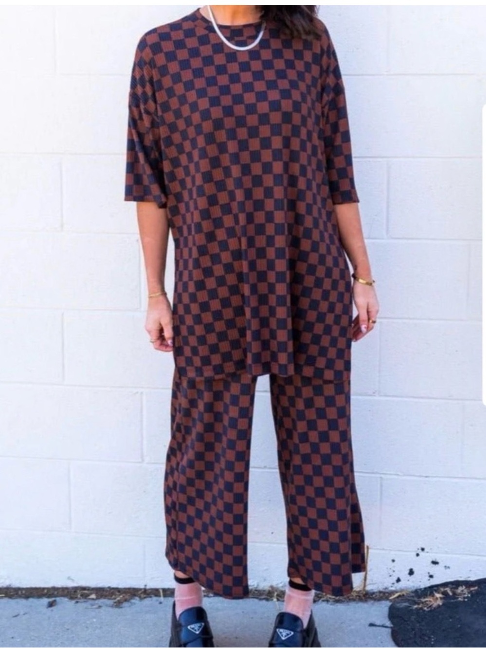 Checkerboard Relaxed Wide-Leg Pants Set - Brown/Black